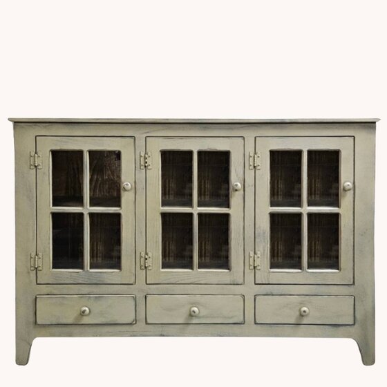 Curio Triple Glass with Drawers in Sage Pewter