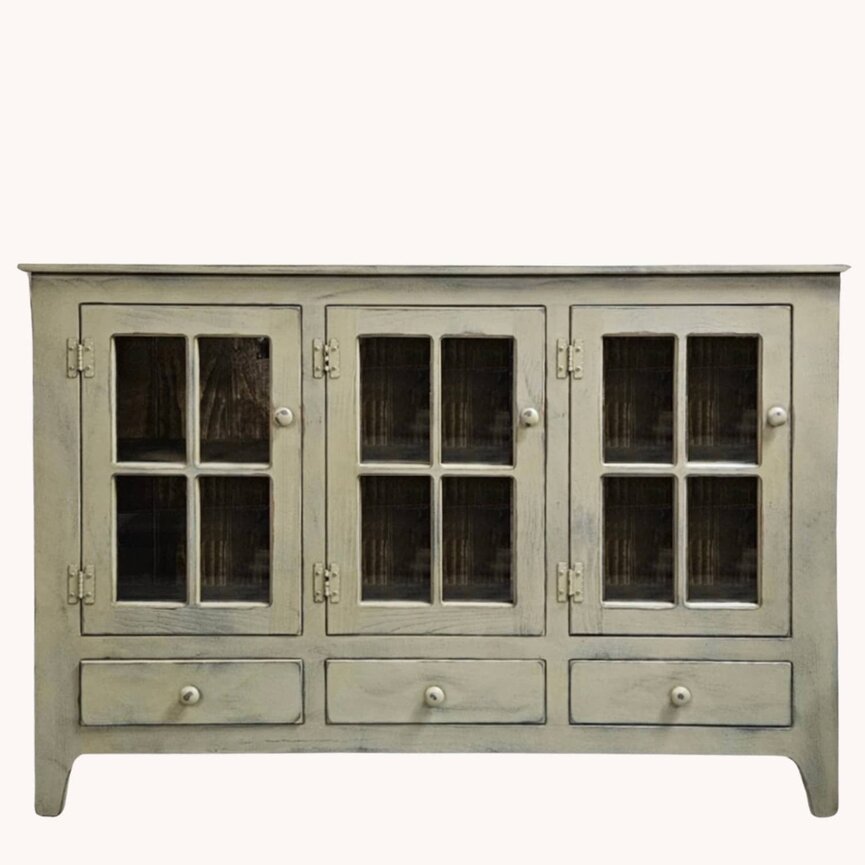 Curio Triple Glass with Drawers in Sage Pewter - 52 W x 36 T x 12.5 D