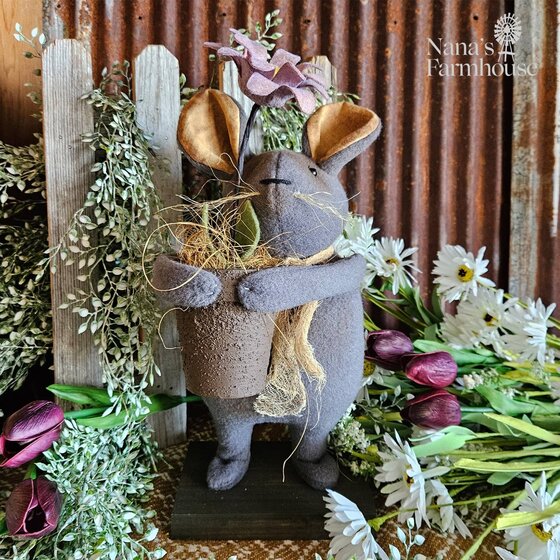 Mouse Doll with Purple Flower In Pot - 12"