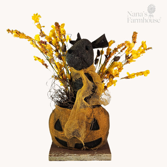 Mouse In Pumpkin with Yellow Flowers - 13"