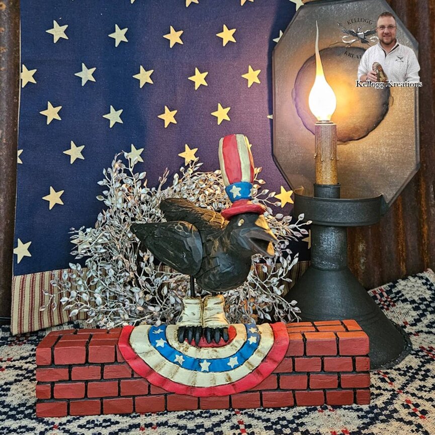 Hand Carved Patriotic Crow On Brick Fence - 9" x 10.5" x 8"