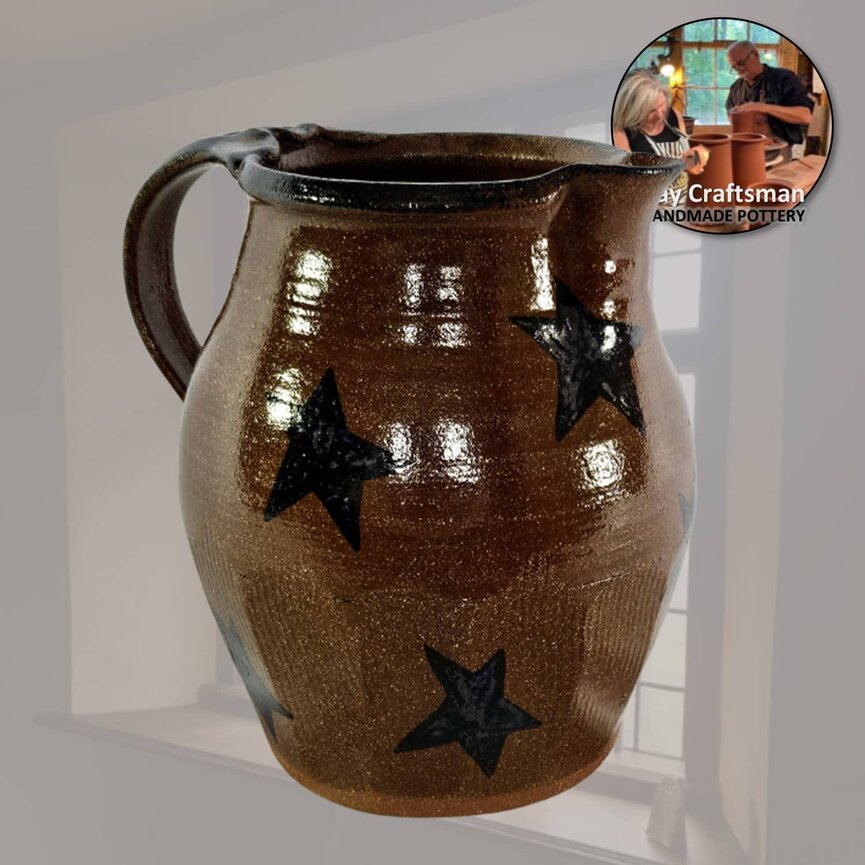 Clay Craftstman Stars Pottery Pitcher with Wide Mouth & Handle