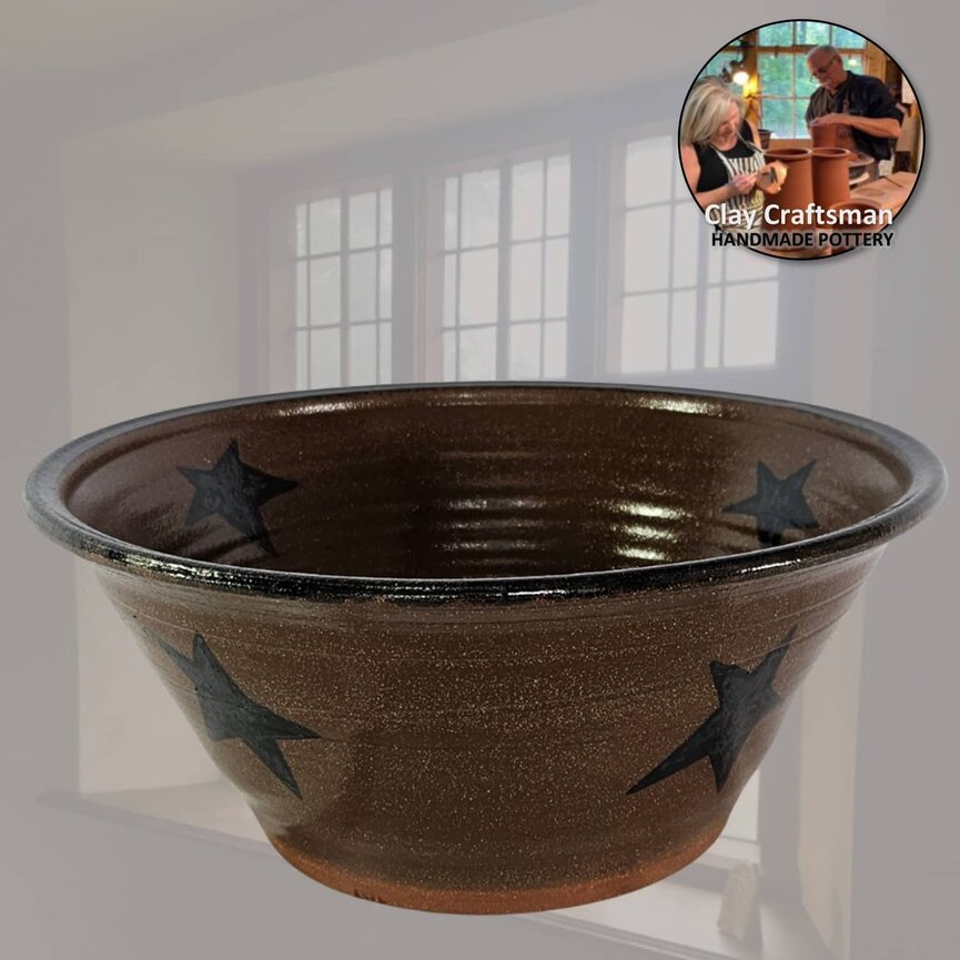 Clay Craftsman Brown Pottery Bowl Stars - 11" x 4.75"