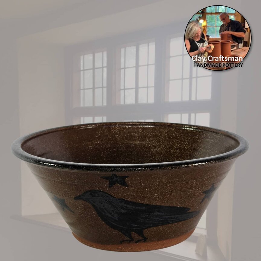 Clay Craftsman Brown Pottery Bowl Crow & Stars - 9" x 3.25"