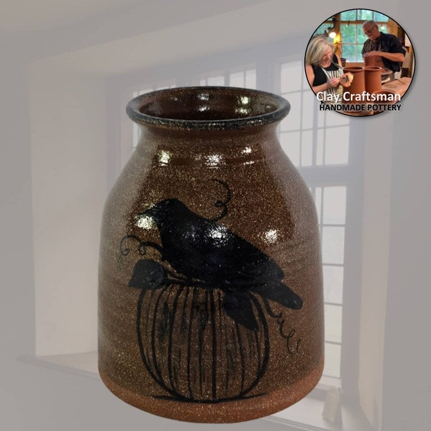 Clay Craftsman Pumpkin & Crow Brown Pottery Canning Crock - 5"