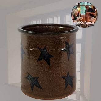 Spoon Crock with Stars Brown Pottery - 7"