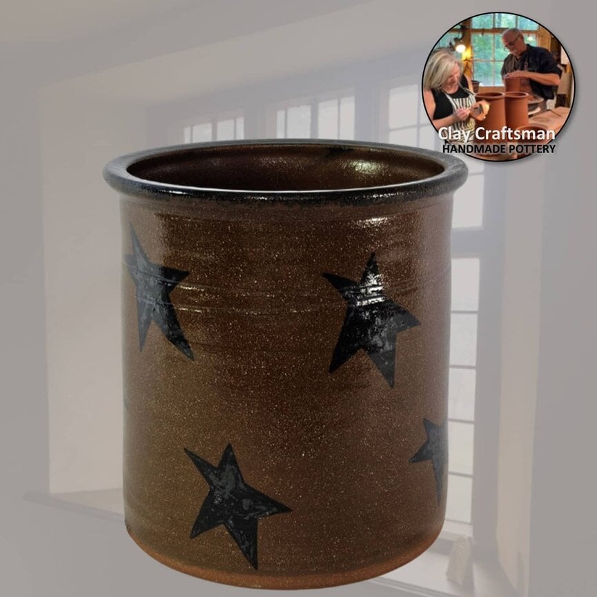 Stars Brown Pottery Spoon Crock - 7" x 6.5"