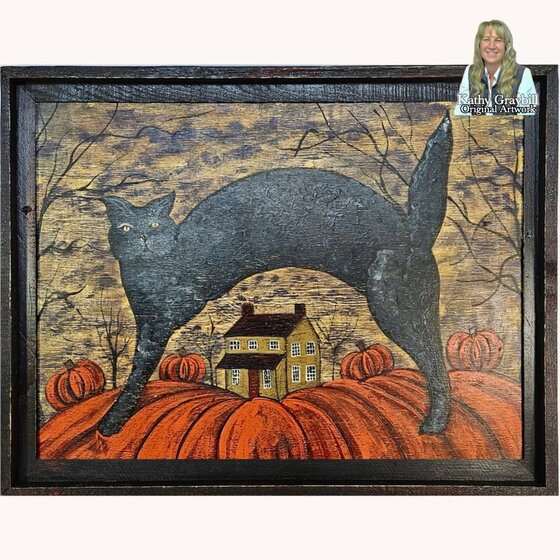 Kathy Graybill Black Cat Over Pumpkin -21" x 27"
