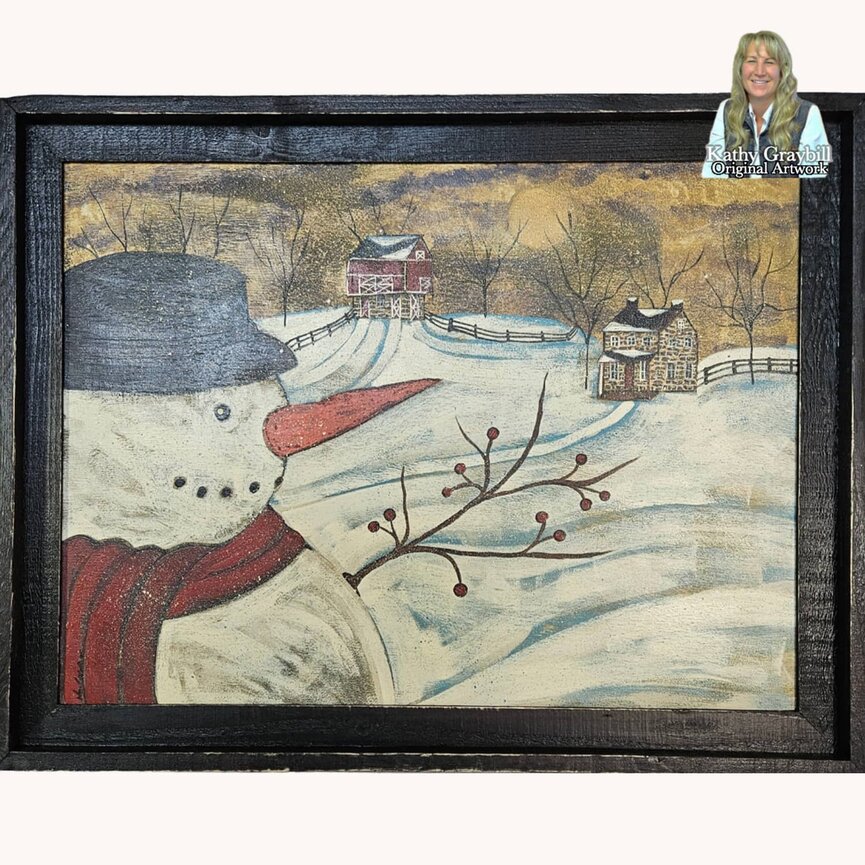 Kathy Graybill Snowman with Long Carrot Nose ORIGINAL Art Work Black Frame - 21" x 27"