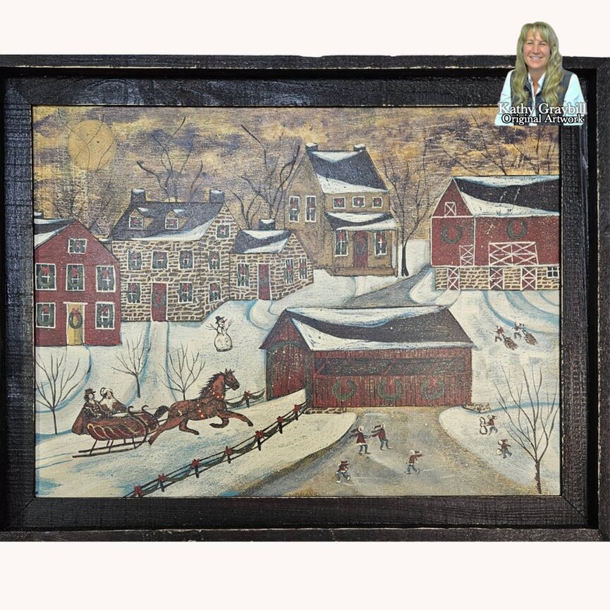 Kathy Graybill SIGNED Horse & Sleigh Covered Bridge with Homes Framed - 21" x 27"