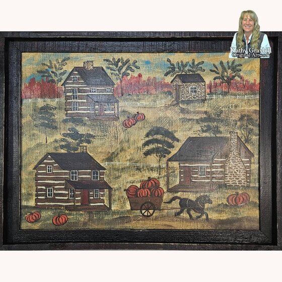 Kathy Graybill SIGNED Four Cabins & Horse Pulling Pumpkin Wagon - 21" x 27"