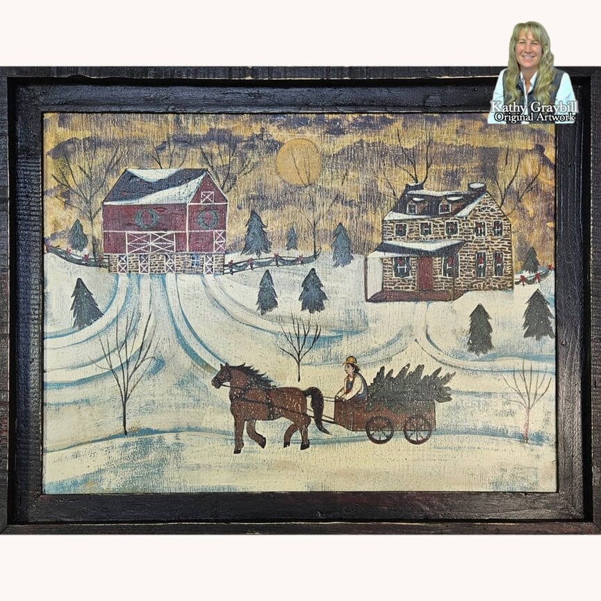 Kathy Graybill Horse Drawn Wagon with Trees Original Art Work Black Frame - 21" x 27"