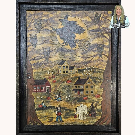Kathy Graybill Witch Flying Over Moon & Homes - 27" x 21"