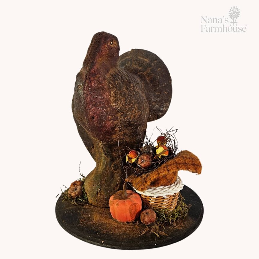Krisnick Turkey with Basket Of Pumpkins & Acorn On Base - 8" x 7"