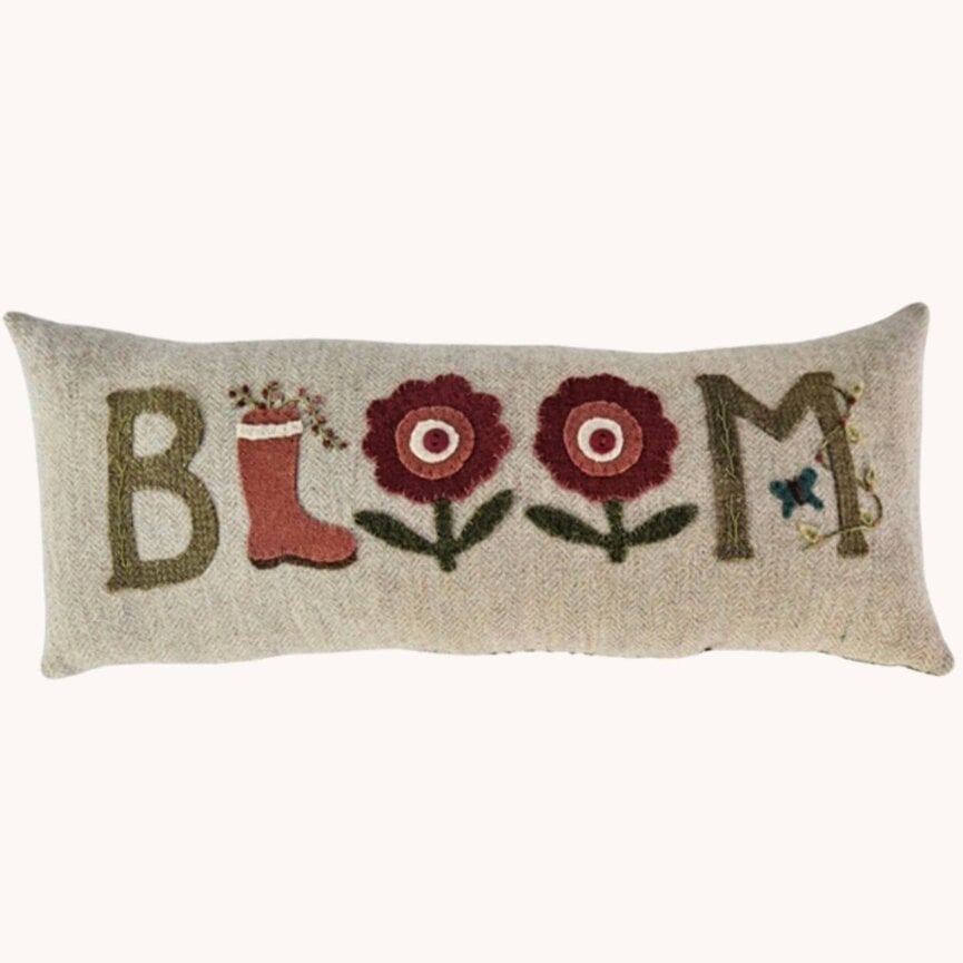 Handmade Bloom Pillow Wool Applique Front - 17" x 7"