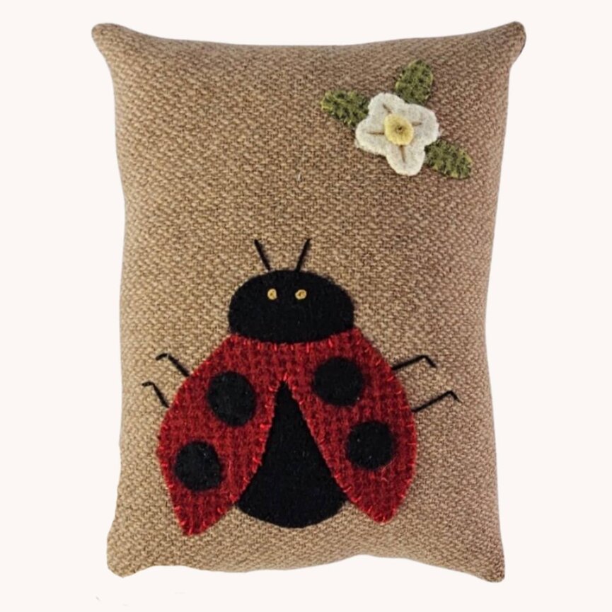 Lady Bug Wool Applique Bowl Filler Pillow  - 8" x 5.5"