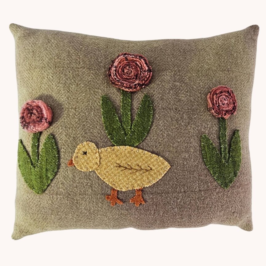 Chick with Quilted Pink Flowers  Wool Applique Pillow - 10.5" W x 9.5" T