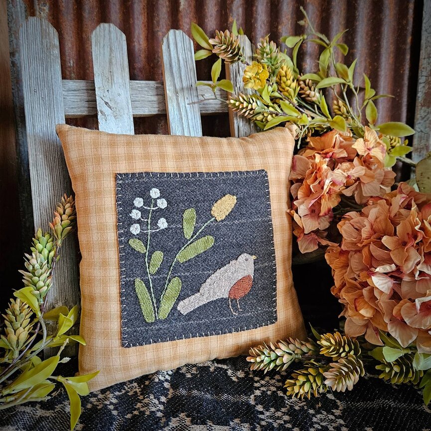 Handmade Robin & Floral Wool Applique & Homespun Mustard Check Pillow - 10" x 10"