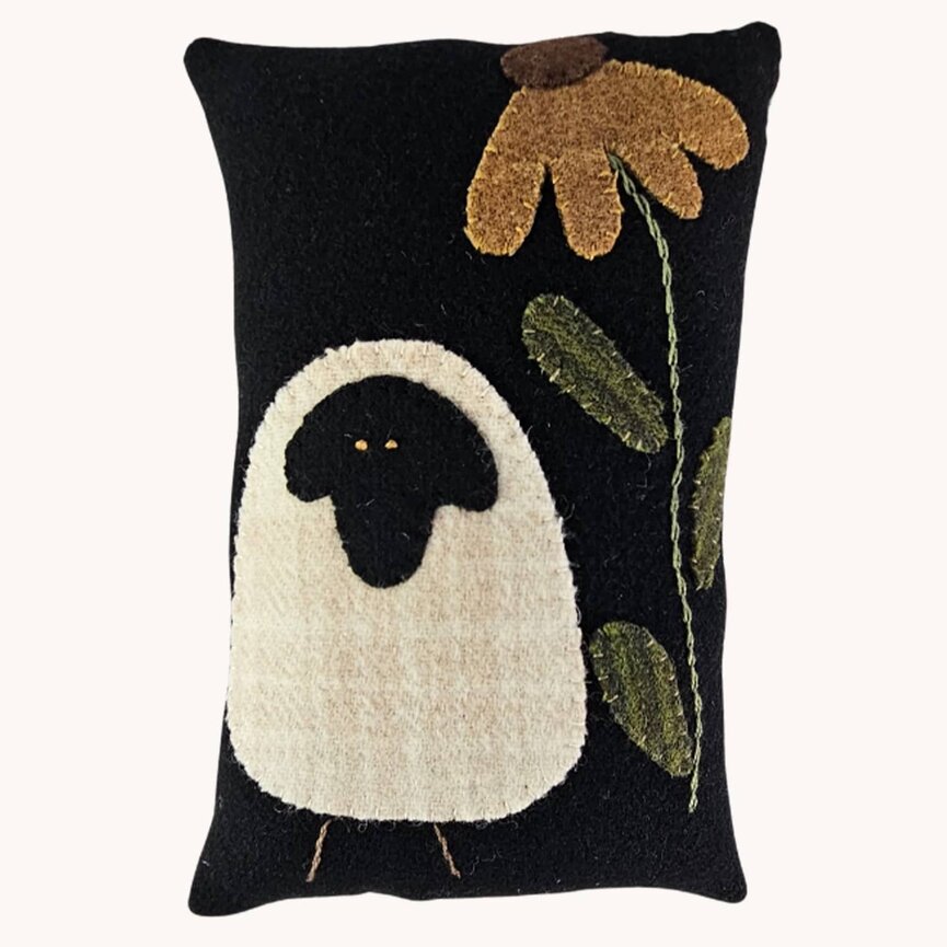 Handmade Black Faced Sheep & Daisy Wool Applique Bowl Filler Pillow - 9" x 5.5"