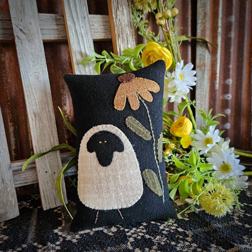 Handmade Black Faced Sheep & Daisy Wool Applique Bowl Filler Pillow - 9" x 5.5"