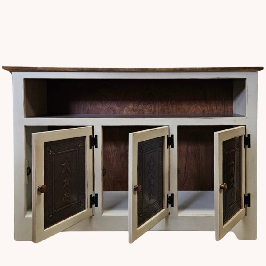 Farmhouse White Buffet Three Door with Copper Star Insert - 47.5" W x 16" D x 33" H
