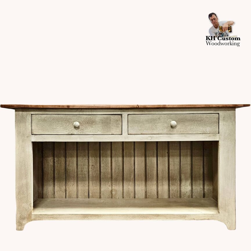 Two Drawer Sofa Table in Cotton White with Maple Stained Top - 60" L x 16" W x 31" T