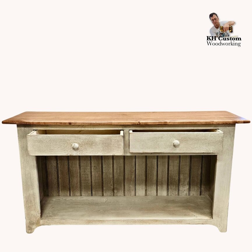 Two Drawer Sofa Table in Cotton White with Maple Stained Top - 60" L x 16" W x 31" T