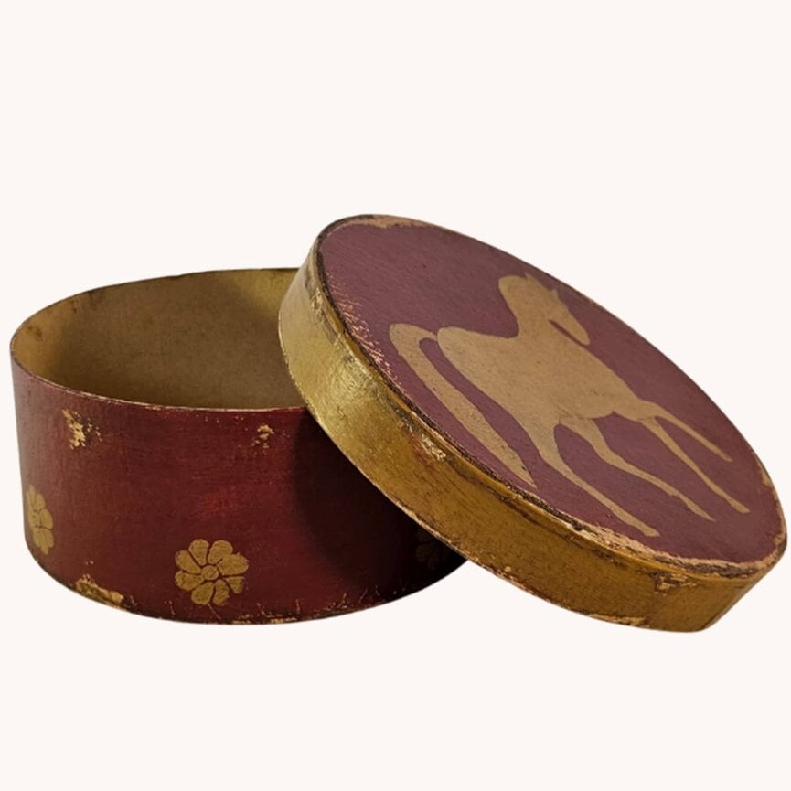 Round Horse Box with Lid in Mustard & Red - 7.5" x 3"