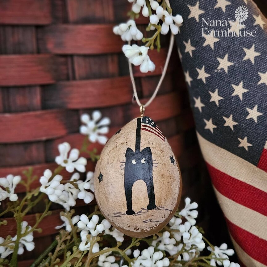 Americana Gourdaments Hand Painted Black Cat with Flag  - 2.5"