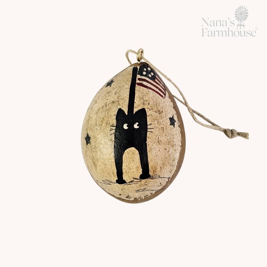 Americana Gourdaments Hand Painted Black Cat with Flag  - 2.5"