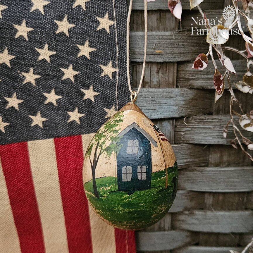 Americana Gourdament Hand Painted House W/Flag & Cat 2.5 T