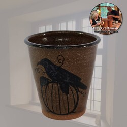 Clay Craftsman Brown Pottery Tumbler with Pumpkin & Crow - 4.5"