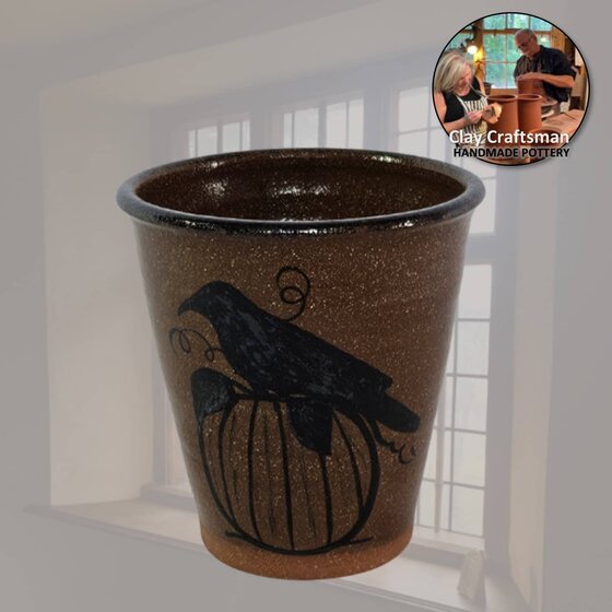 Brown Pottery Tumbler with Pumpkin & Crow