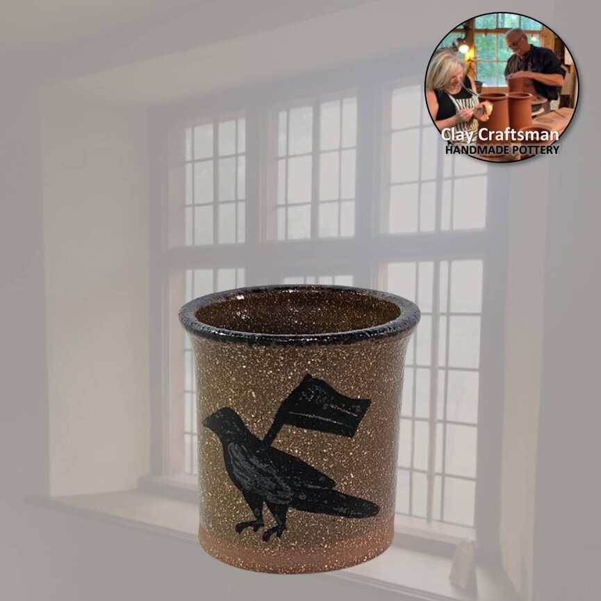 Clay Craftsman Mini Brown Pottery Crock Crow with Flag - 2"