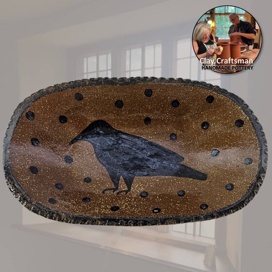 Crow & Dots Brown Pottery Long Oval Plate