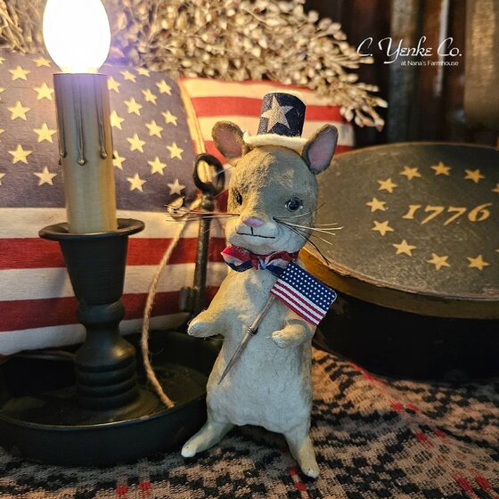Patriotic Mouse with Top Hat and Flag Figurine - 6"