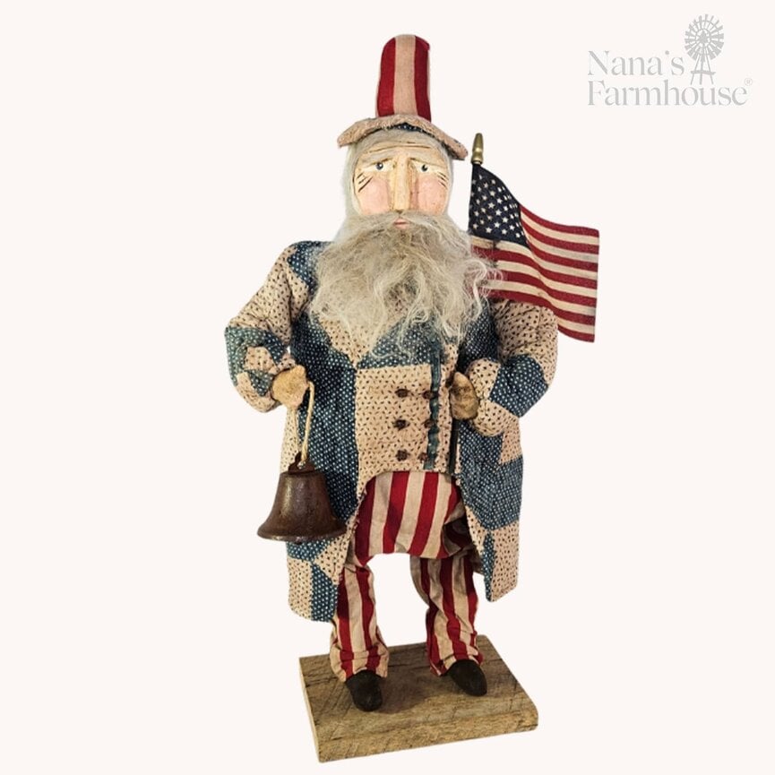Primitive Uncle Sam Doll with Bell Quilted Blue & White Jacket - 22.5"