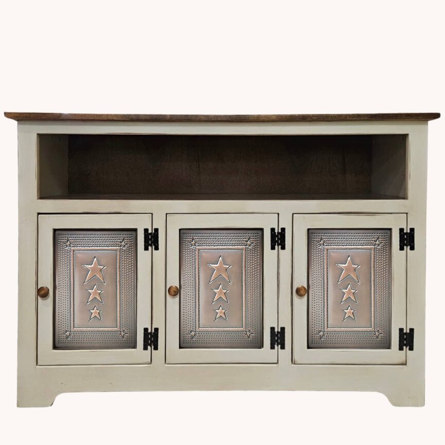 Farmhouse White Buffet Three Door with Copper Star Insert - 47.5" W x 16" D x 33" H