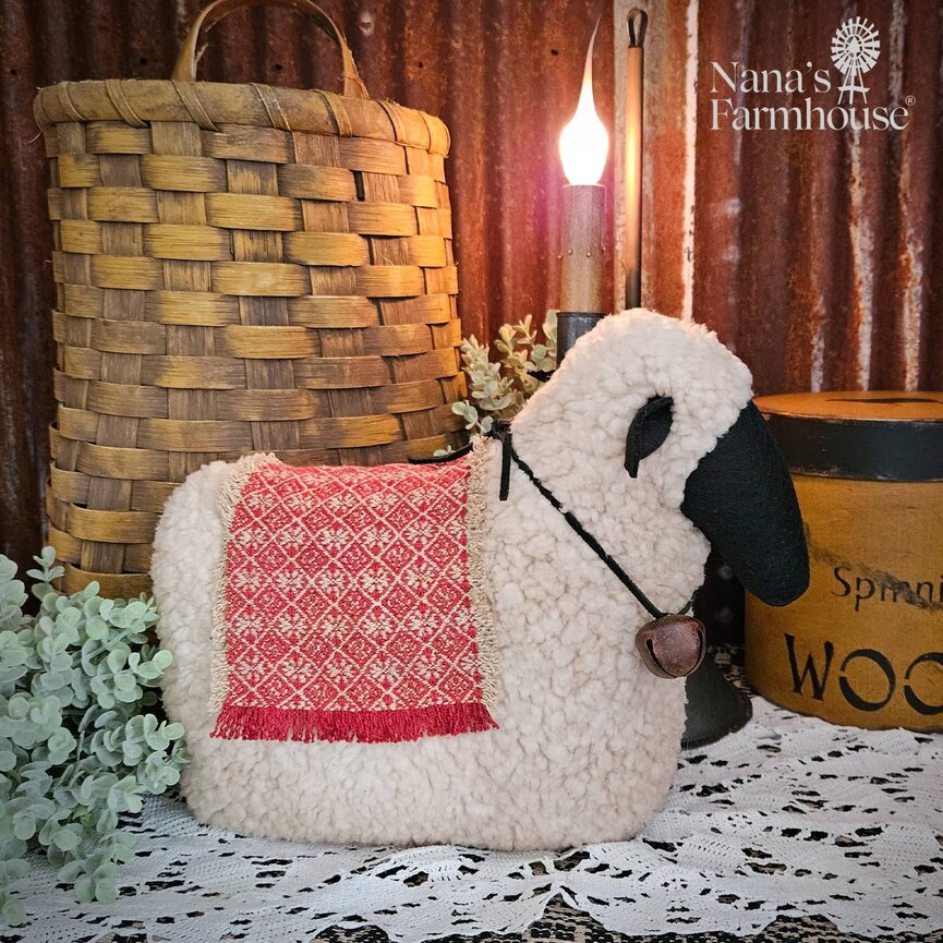 Sheep Pillow with Red Blanket - 12" x 9"
