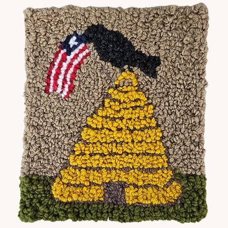 Bee Skep with Crow & Flag Hooked Rug Mat - Medium