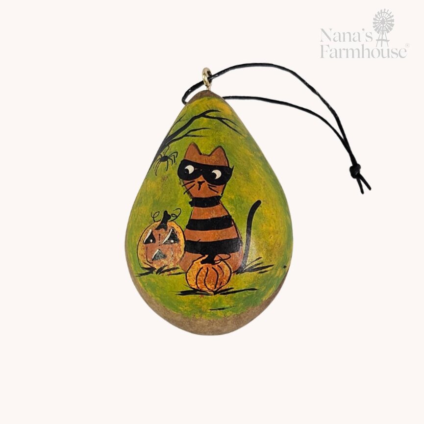 Halloween Gourdament Hand Painted Masked Orange Striped Cat - 2.5"