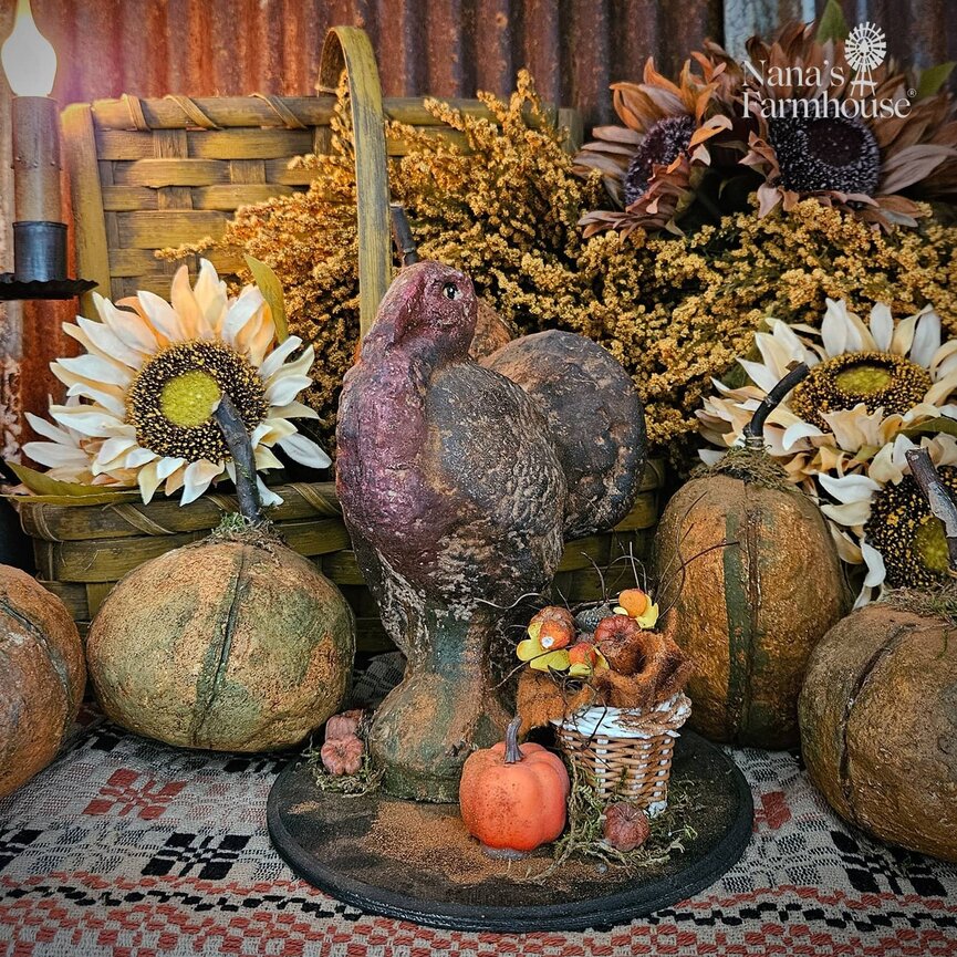 Krisnick Turkey with Basket Of Pumpkins & Acorn On Base - 8" x 7"