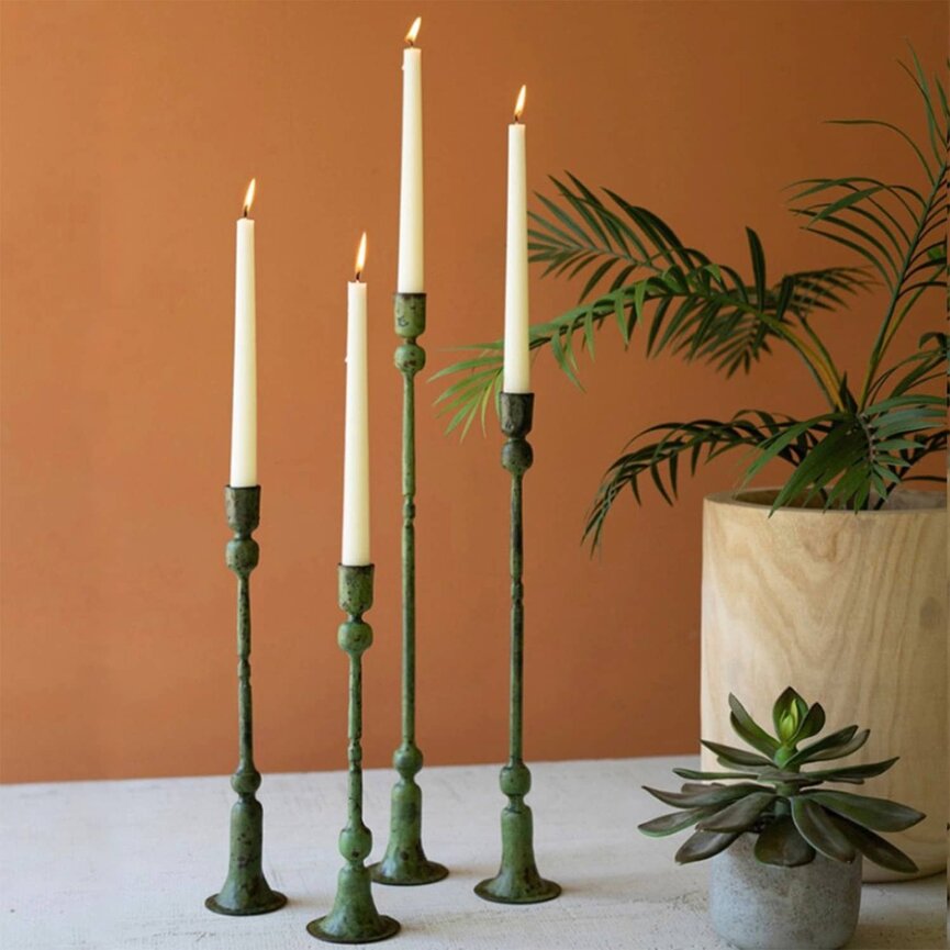 Forged Iron Green Patina Taper Candle Holder - Set of 4