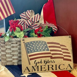 God Bless America with Flag Sign on Wire Hanger Wall Sign - 11" x 12"
