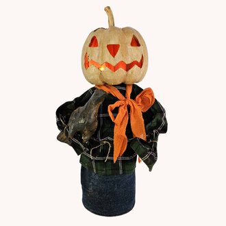 Pumpkin Head Boy Carved with Light Holding Crow