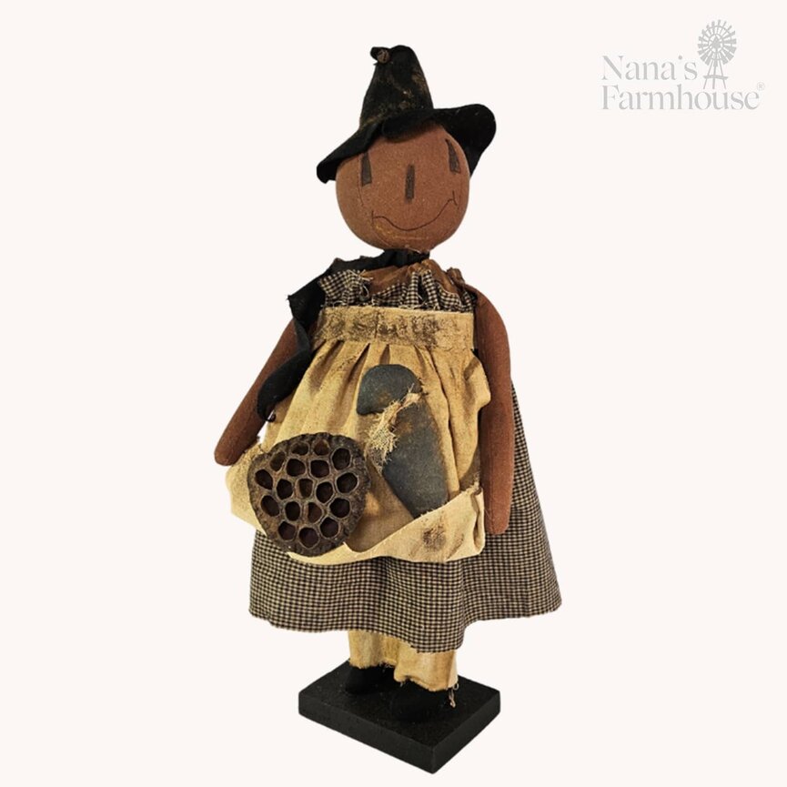 Connie Pumpkin Girl Witch Doll with Apron Holding Crow & Gourd - 24"
