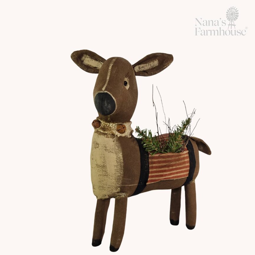 Standing Doe with Red Ticking Blanket & Greenery - 17" x 14"