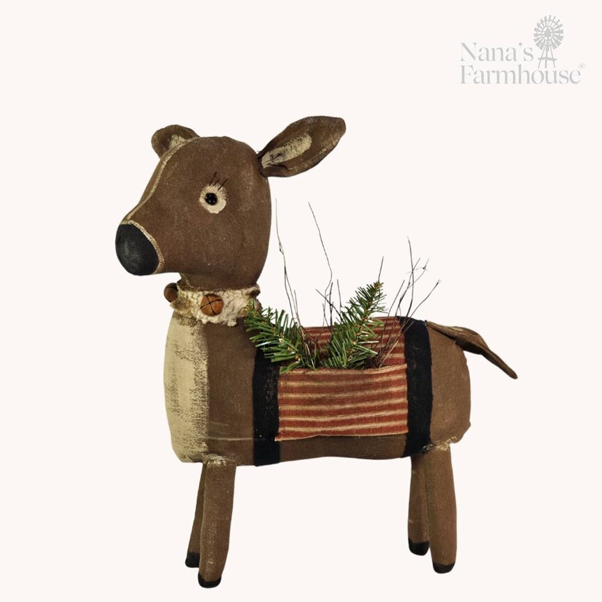 Standing Doe with Red Ticking Blanket & Greenery - 17" x 14"