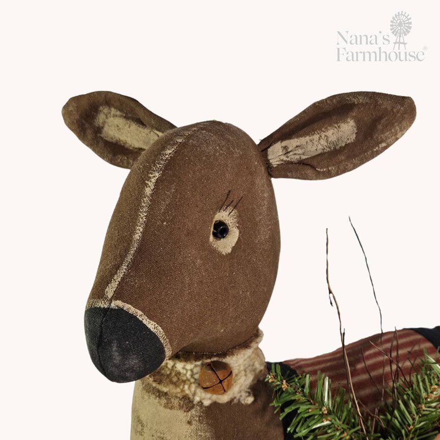Standing Doe with Red Ticking Blanket & Greenery - 17" x 14"
