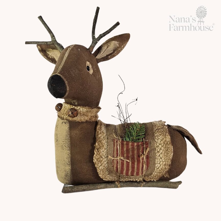 Sitting Buck with Tan Blanket & Red Ticking Pocket - 14" x 14"